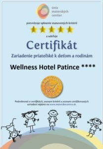 certifikát od únie materských centier Wellness Hotel Patince